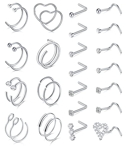 Zolure Nose Rings Hoops Nose Studs for Women 20g Silver Surgical Steel Nose Piercing Jewelry L Shaped Corkscrew Diamond Heart Star for Men