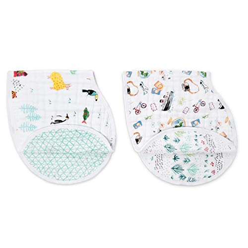 aden + anais Burpy Bib, 100% Cotton Muslin, Soft Absorbent 4 Layers, Multi-Use Burp Cloth and Bib, 22.5' X 11', 2 Pack, Around The World