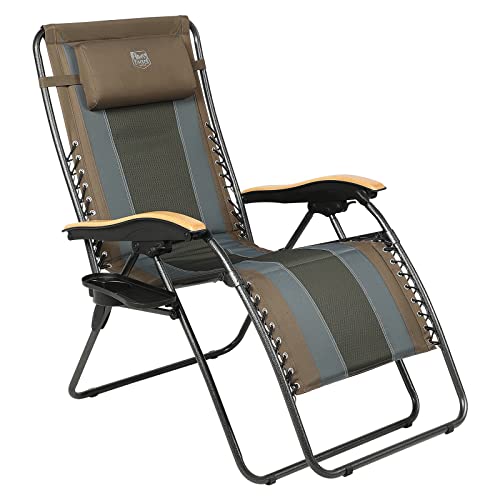 TIMBER RIDGE Outdoor Reclining Patio Padded with Adjustable Headrest and Cup Holder Foldable Zero Gravity Lawn Chair XL for Adults, Support up to 350 LBS, Brown,1 Count