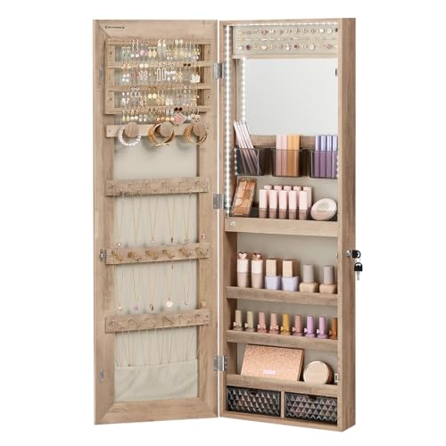 SONGMICS Jewelry Cabinet Armoire Organizer with LED Lights, Wall-Mounted Storage Cabinet with Full-Length Frameless Mirror, Built-in Makeup Mirror, 2 Drawers, Lockable, Camel Brown UJJC013N01