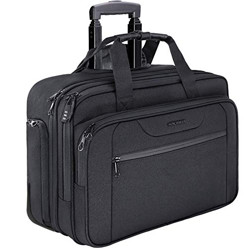 KROSER Rolling Laptop Bag Wheeled Briefcase Fits Up to 17.3 Inch Laptop Water-Proof Overnight Roller Case Computer Bag with RFID Pockets for Travel/Business/Men/Women-Black