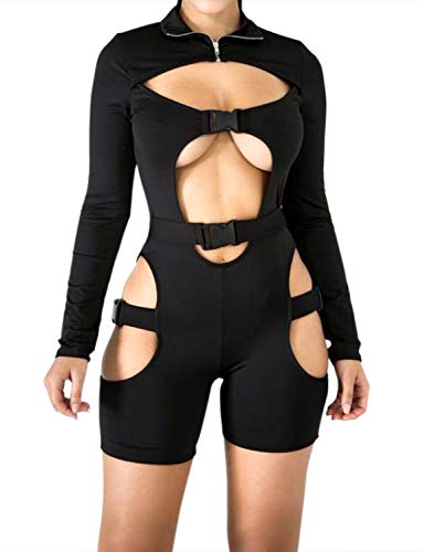 VWIWV Women Long Sleeves Jumpsuit Bodycon Buckle Romper Sexy Hollowing Out Bodysuit Short Jumpsuit Pants (X-Large(fits like US 10-12), Black)