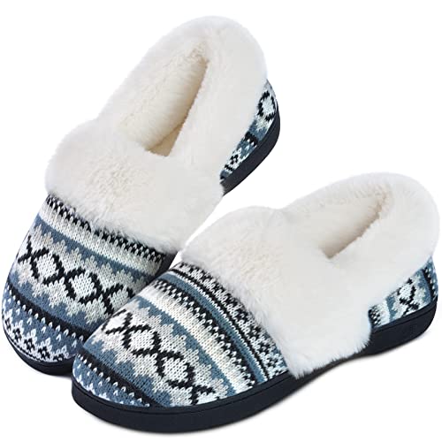 DL Women's Comfy House Slippers with Faux Fur Lining, Memory Foam Slip on House Shoes Nordic with Indoor Outdoor Anti-Skid Rubber Sole, Grey, 9-10