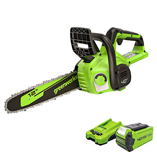 Greenworks 40V 12' Cordless Compact Chainsaw (Great For Storm Clean-Up, Pruning, and Camping), 2.0Ah Battery and Charger Included