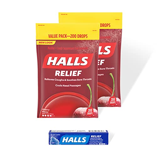 HALLS Relief Cherry Cough Drops, 2 Value Packs of 200 Drops (400 Total Drops) + Bonus 9 Count HALLS Relief Mentho-Lyptus Cough Drops