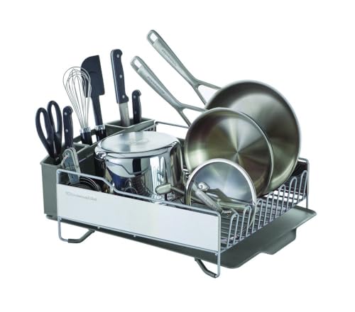KitchenAid Large Capacity,Full Size, Rust Resistan Dish Rack Angled Drain Board and Removable Flatware Caddy, Light Grey
