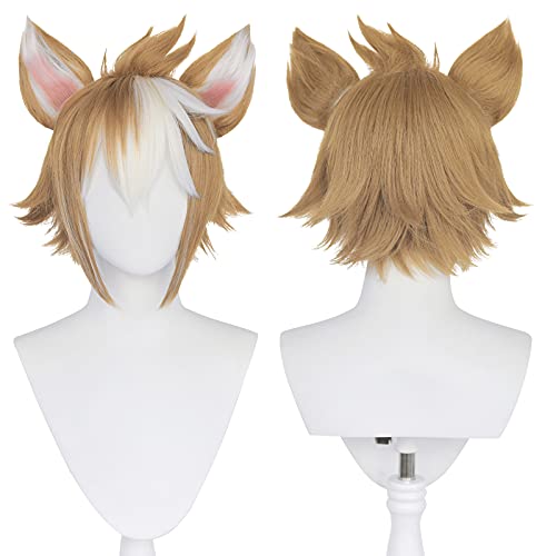 Amback Gorou Cosplay Wig Orange mixed White Gradient Wig for Men Boys, Short Synthetic Cosplay wig with Horns