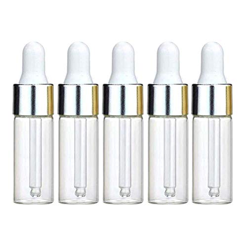 50Pcs 5ML Refillable Clear Glass Essential Oil Bottles Eye Dropper Vials Perfume Cosmetic Liquid Aromatherapy Lotion Sample Storage Containers Jars with Eye Dropper Dispenser, Silver Aluminum Cap