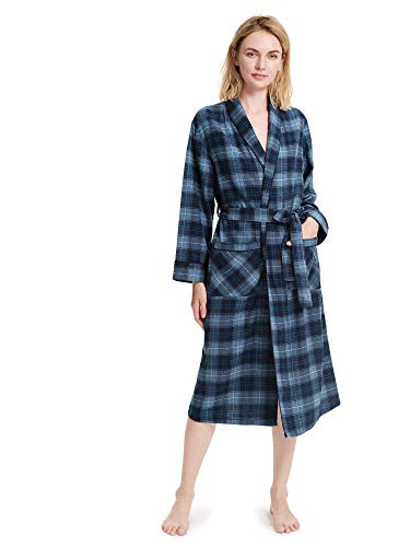 SIORO Womens Flannel Robes Long 100% Cotton Plaid Bath Robe for Women Soft Flannel Sleepwear for Bath Shower Lounging, Navy Plaid, X-Large