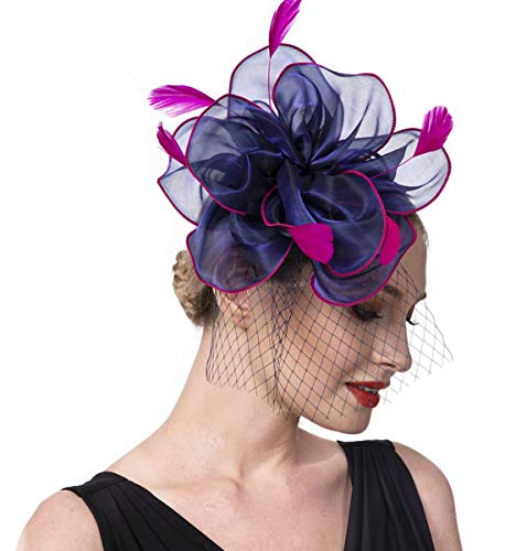 Fascinators Hat for Women Tea Party Headband Girls Flapper Headpiece Kentucky Church Derby Wedding (FM02-Navy and Rose)