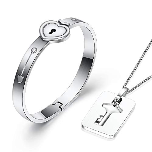 NIBASTAR His Hers Love Heart Key Lock Bangle Bracelet Tag Pendat Necklace Set in a Gift Box (Silver 6.5In)