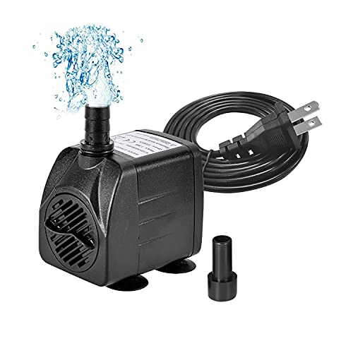264GPH (1000L/H,15W) Fountain Pump, Submersible Water Pump with 4ft High Lift, 2 Nozzles for Aquarium, Fish Tank, Outdoor Pond, Statuary, Hydroponics, Backyard Fountain and Statuary Gardens