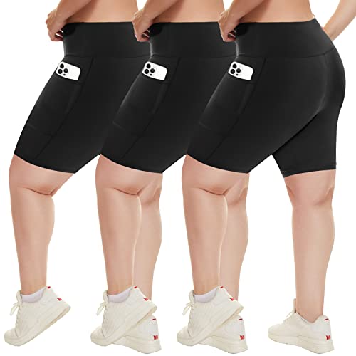 HLTPRO 3 Pack Plus Size Biker Shorts with Pockets for Women - 8' High Waisted Spandex Athletic Bike Shorts for Yoga Workout