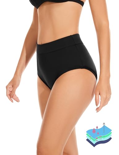 OVRUNS Period Swimwear Leakproof Bikini Brief Bottoms Waterproof Menstrual Swim Bottoms for Teens, Girls, Women Black M