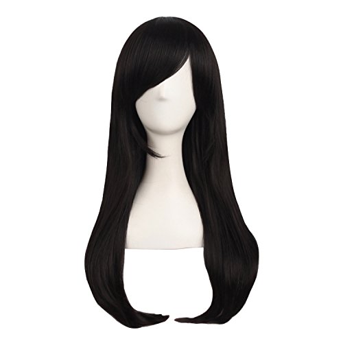 MapofBeauty 24 Inch/60cm Side Bangs Stylish Long Great Wavy Curly Cosplay Party Wig(Black)