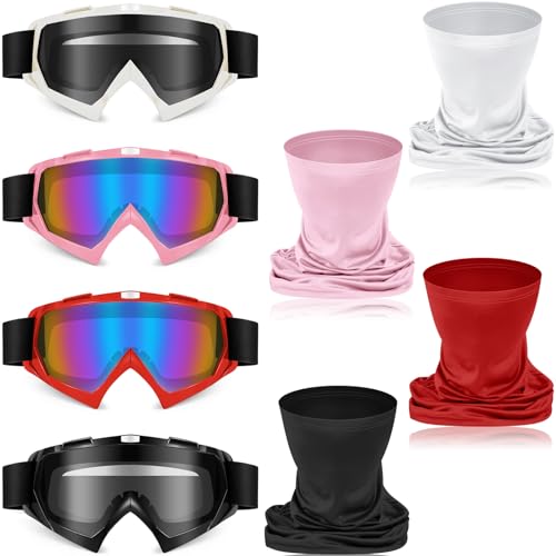 Tallew 4 Pcs Motorcycle Dirt Bike Goggles for Men Women Windproof Adjustable ATV Goggles and 4 Pcs Neck Breathable Face Cover(Classic Color)
