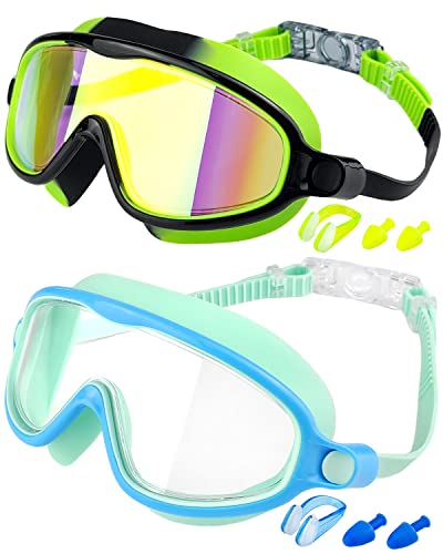 Rantizon Kids Swim Goggles 2 Pack, Wide View Swimming Goggles for Child 3-15, Anti Fog&UV No Leaking Goggles for Boys Girls