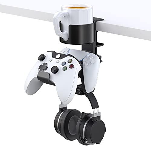 TOCiTAA New Controller Holder with Headphone Hanger, 3 in 1 Desk Cup Holder with Headphone Stand, Controller Stand Gaming Accessories, Game Controller Stand Holder for Xbox, PS4, PS5, PC, Switch