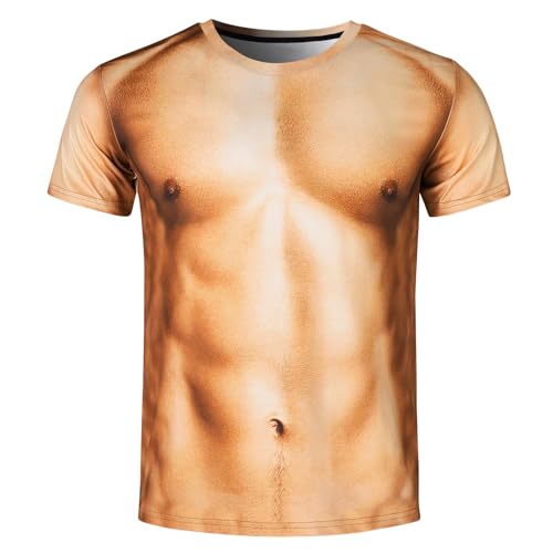 Goodstoworld Mens Ugly Graphic Tshirts Fake Muscles 3D Funny Short Sleeve Teen Chest T-Shirt Tees Women Rave Gift Tan Shirt Small