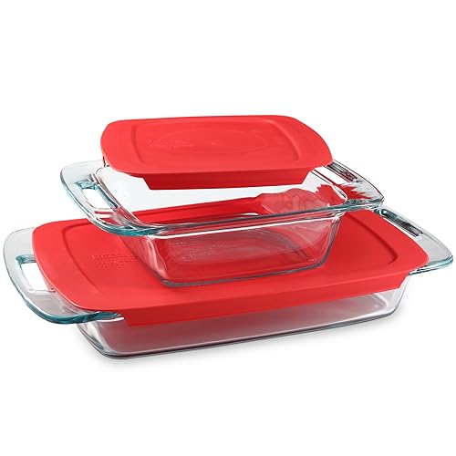 Pyrex 4-Piece Extra Large Glass Baking Dish Set With Lids and Handles, Oven and Freezer Safe