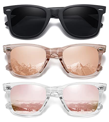 MEETSUN Retro Polarized Sunglasses for Women Men Classic Mirror Lens Driving Sun Glasses Trendy UV Protection (3 Pack) Black/Coffee/Pink