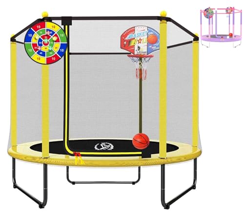 LANGXUN 60' Trampoline for Kids, 5ft Mini Toddler Indoor & Outdoor Trampoline with Net, Basketball Hoop & Dart Board, Birthday Gifts for Boys & Girls, Baby Toddler Christmas Toys