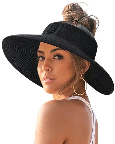 FURTALK Sun Visor Hats for Women Wide Brim Straw Roll-Up Ponytail Summer Beach Hat UV UPF Packable Foldable Travel Black