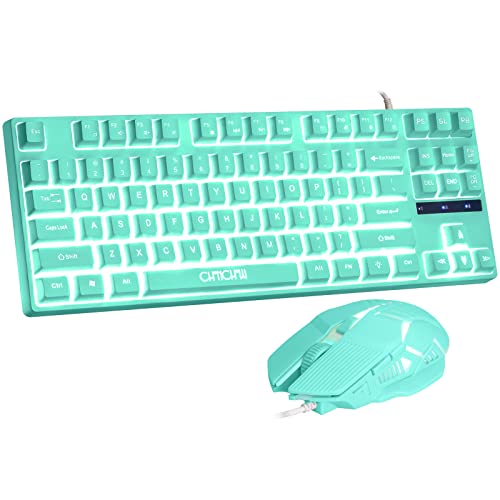 Gaming Keyboard and Mouse Blue Keyboard with White LED Backlit,CHONCNHOW 87keys Creamy PBT Key Cute Small Gaming Keyboard Mic 4D 3600DPI for PC Laptop Xbox Ps4/Mac OS/Gamer(Wired)