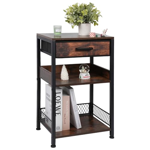 Yzosvki Vintage Brown Nightstand Printer Table with Drawers Modern Tall Printer Stand with Fabric Drawer 3 Storage Tier Industrial Wood End Table for Bedroom Living Room Not Much Space