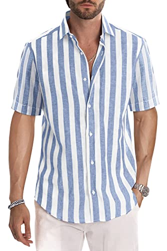 JMIERR Men's Summer Casual Stylish Short Sleeve Button-Down Shirts Cotton Linen Vertical Striped Business Dress Shirts Beach Shirt Vacation Outfits, M, Sky Blue