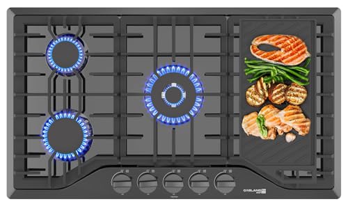 36 Inch Gas Cooktop with Griddle, GASLAND Chef PRO GH3365EF 5 Burner Gas Stovetop with Reversible Cast Iron Grill/Griddle, Gas Countertop Plug-in, NG/LPG Convertible Gas Cooktops, Black