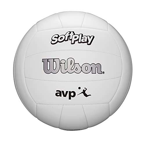 Wilson AVP Soft Play Volleyball - Official Size, White, 18-Panel, Machine-Sewn Construction, Butyl Rubber Bladder, Sponge-Backed Synthetic Leather Cover, Ideal for Ages 13 and Up