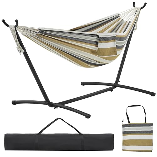 Yaheetech Double Hammock w/Stand, 2-People Hammock & Stand Set w/Storage Bag & Carrying Bag, Outdoor/Indoor Heavy-Duty Portable Hammock, 450LB Capacity - Desert Stripe