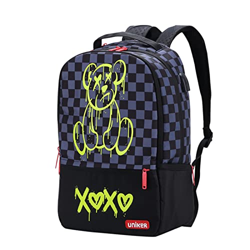 UNIKER Laptop Backpack with USB Port,Graffiti Backpack for Work,Cartoon School Backpack,Designer Laptop Backpack for 15.6 Inch,Black Bear