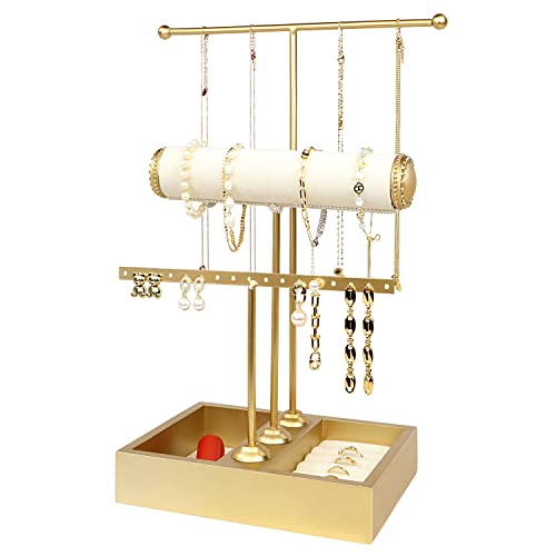 Funlove Jewelry Organizer Stand 3-in-1 Holder for Necklaces Bracelet Earrings & Ring, Tree Jewelry Tower Metal & Wood-Gold