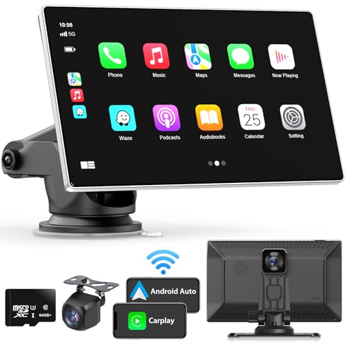Madoec Portable Apple Carplay Screen for Car, 9' Wireless Apple Carplay & Android Auto,4K Dash Cam,1080p Backup Camera DVR,Car Audio Receivers GPS Navigation Mirror Link, Bluetooth,FM, Siri