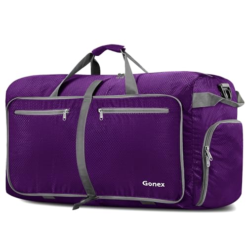 Gonex 100L Large Foldable Travel Duffle Bag with Shoes Compartment, Packable Lightweight Water Repellent Duffel Bag for Camping Gym Weekender Bag Purple