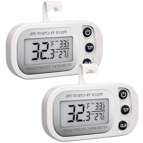 Digital Frigerator Thermometer 2 Pack, Waterproof Fridge and Freezer Thermometer, Thermometer Refrigerator with Large LCD Screen, Stand and Magnetic Back, for Room,Kitchen, White