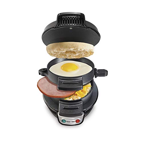 Hamilton Beach Breakfast Sandwich Maker with Egg Cooker Ring, Customize Ingredients, Perfect for English Muffins, Croissants, Mini Waffles, Perfect White Elephant Gifts, Black (25477)