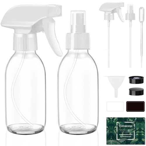 Tecohouse Glass Spray Bottles 4 OZ, Empty Small Spray Bottles 2 Pack for Essential Oils, Cleaning Solutions, Plants, Hair Mister, withDurable Nozzle, Labels, Funnel, Pipettes Clear