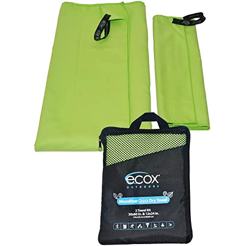 ecox Outdoors Microfiber Towel Fast Drying Soft Feel Fast Action Drying for Gym Beach Outdoors Travel Yoga Camping Compact Size 2 Piece Set 30x60 in and 12x24 in Green MFT2PG