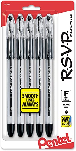 Pentel R.S.V.P. Ballpoint Pens, Fine Point, 0.7 mm, Clear Barrel, Black Ink, Pack Of 5
