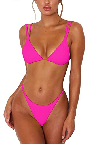 ForBeautyShe Women Padded Push Up Double Shoulder Straps High Cut Cheeky Thong 2 Pieces Bikini Set Swimsuit Rose XL