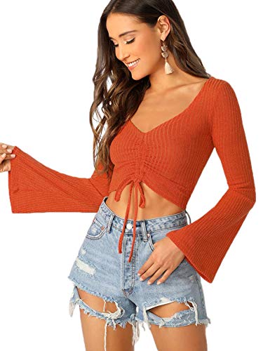 SweatyRocks Women's Adjustable Drawstring String Long Bell Sleeve Rib Knit Sexy Crop Top Orange L