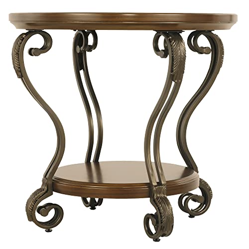 Signature Design by Ashley Nestor Traditional Hand-Finished Round End Table with 1 Fixed Shelf, Dark Brown