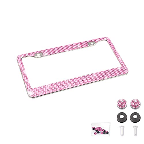 Bling Car License Plate Frame, Handcrafted Crystal Stainless Steel, Sparkly, Durable, Universal Fit, Car Accessories for Girls, Women (Pink)