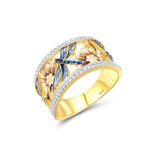 Santuzza 925 Sterling Silver Dragonfly Openwork Ring Cubic Zirconia Enamel Flower Ring 14K Gold Plated Vintage Jewelry (6)