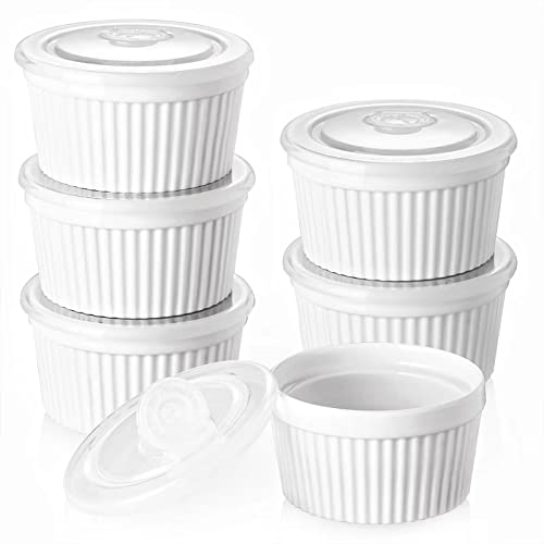 DOWAN Ramekins 8 oz Oven Safe with Lids, Creme brulee Ramekins Bowls with Covers, Porcelain White Ramekins Souffle Dishes for Baking, Stackable, Set of 6