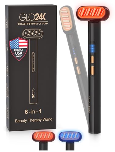 GLO24K 6-IN-1 Beauty Therapy Wand for the Face, Eyes, and Neck I Based on Dual LED Light Therapy, Thermal, Vibration, and Micro-Current Technologies I Skin Rejuvenation