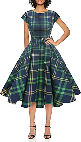 PUKAVT Women's 1950 Boatneck Cap Sleeve Vintage Swing Cocktail Party Dress with Pockets Green Plaid 3XL